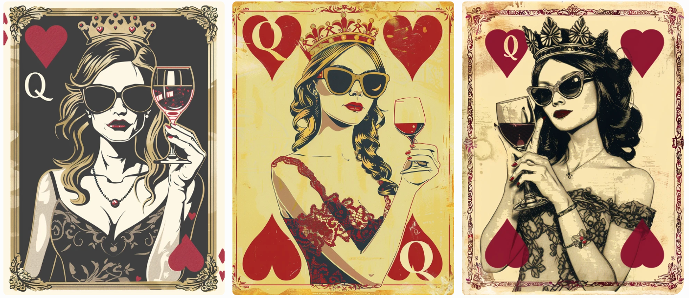 minimalist playing card made from three color woodblock print, Queen of Hearts, with the red hearts symbol and “Q” on the top and bottom, she is a beautiful young queen wearing a crown with sunglasses, holding a wine glass, created with Midjourney AI generated image.