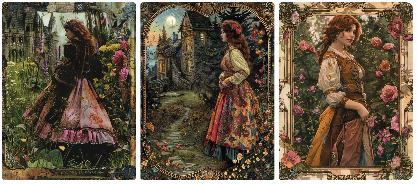 The wheel of fortune tarot card wild rose, brown haired woman in medieval clothing, illustration, AI generated image, created with Midjourney.