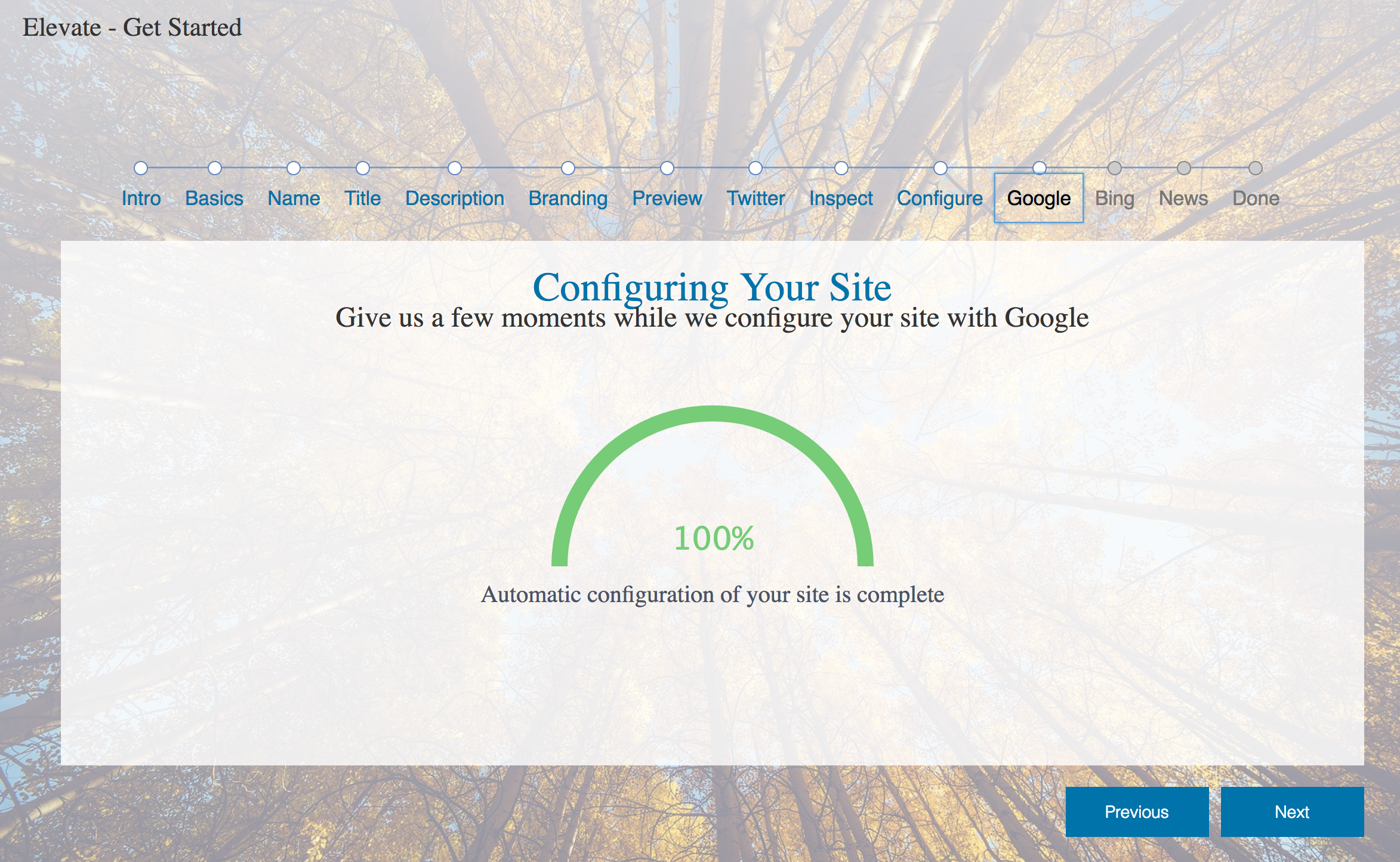 Elevate will automatically verify the site in Google Search Console, create a new Analytics property, and then configure the website to use it.