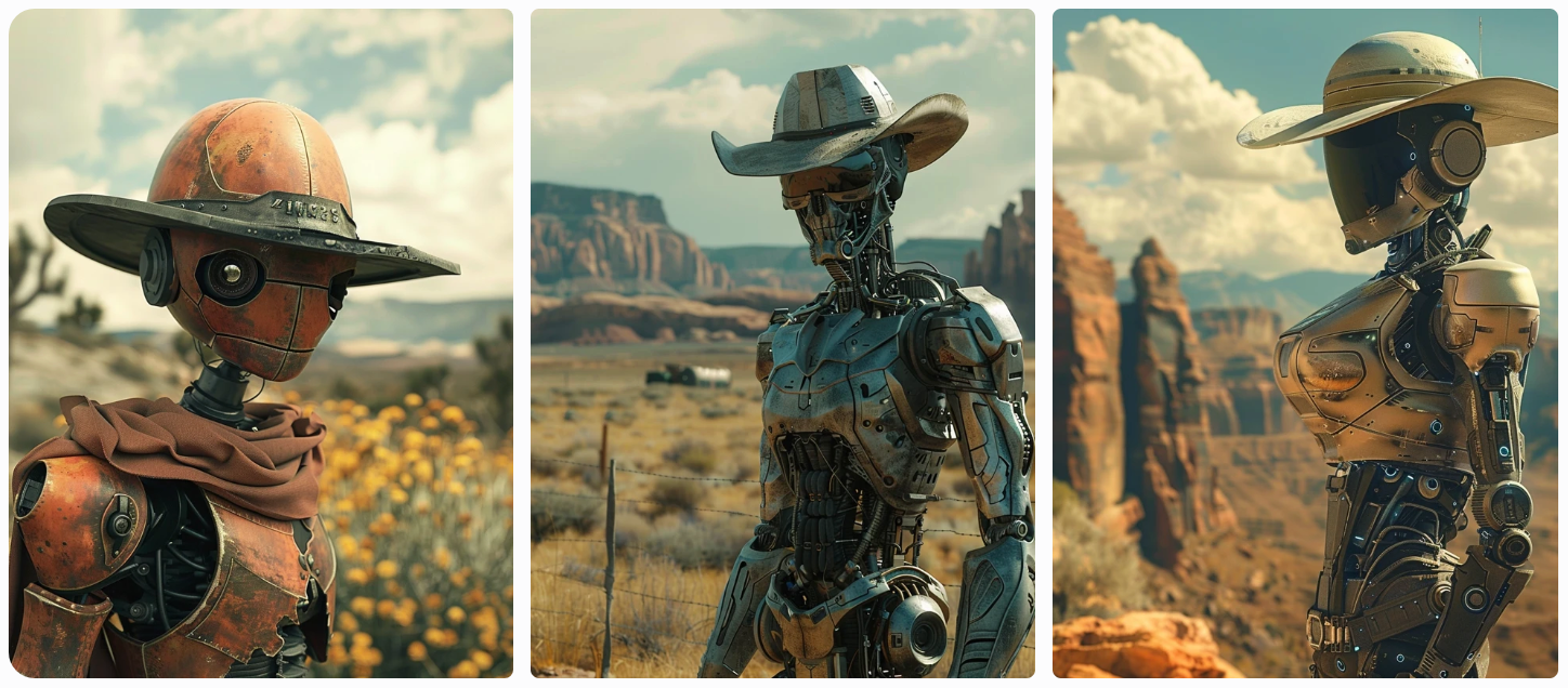 photograph of a half human-half robot farm worker, on an alien planet in a western style setting, cinematic film style, AI generated image, created with Midjourney.