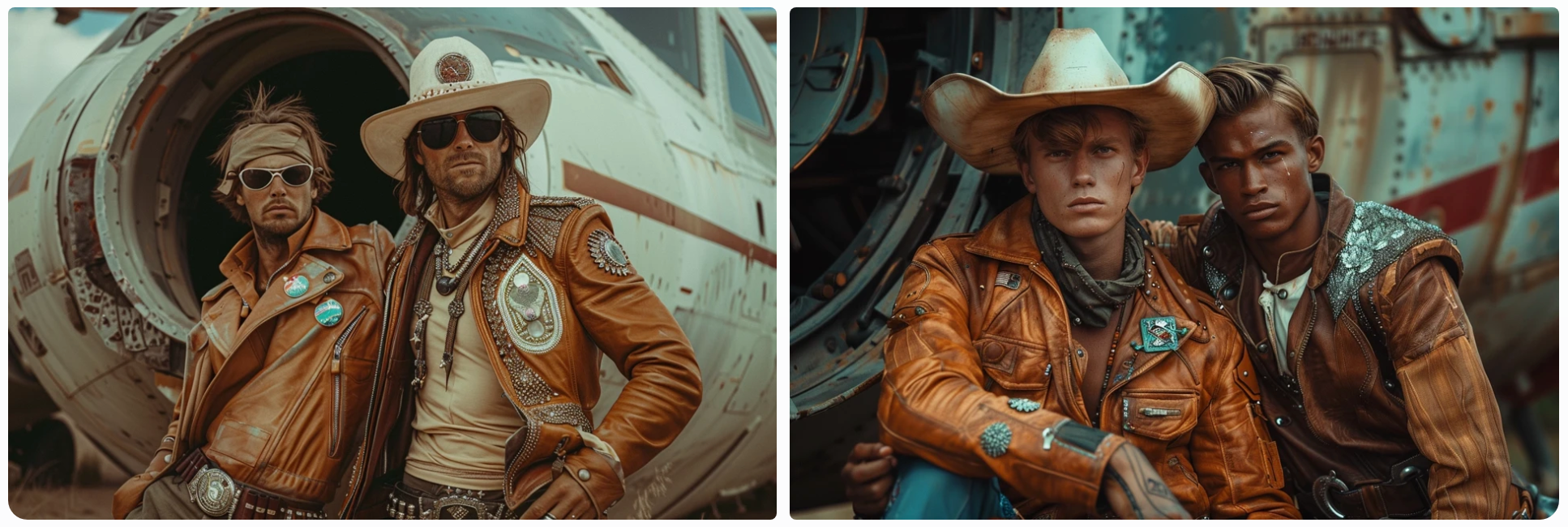 Two futuristic space cowboys, dressed in western sci fi outfits, embellished leather jackets, leaned against a spaceship, AI generated image, created with Midjourney.