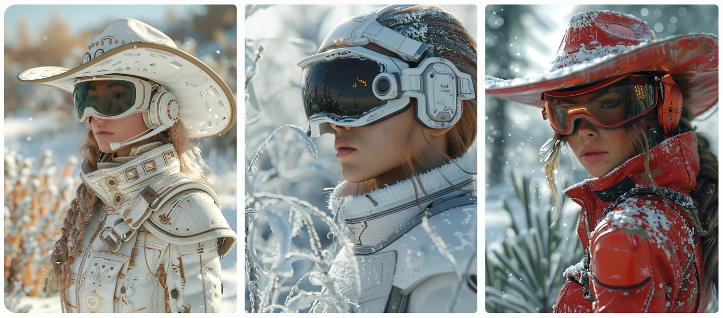 medium shot of a retro futuristic cowgirl wearing hi tech night vision goggles with headset, wintery alien plant environment, AI generated image, created with Midjourney.