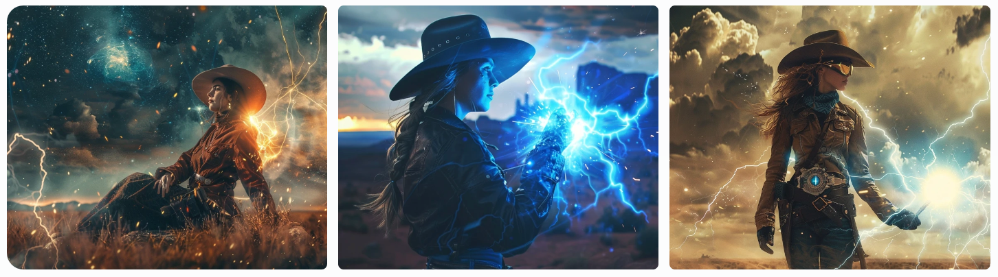 a woman, astrophysicist, with a mysterious device to traverse multiple universes, a western setting, sparks, lightning, AI generated image, created with Midjourney.