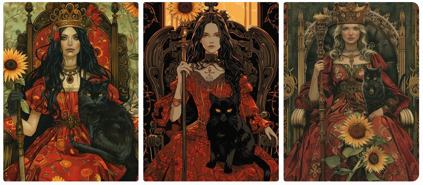 queen holding a cane and a sunflower, in front of her is a black cat, she sits on a throne, tarot queen of wands, manga style, AI generated image, created with Midjourney.