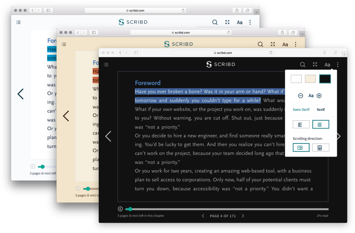 Scribd’s eBook Reader UI in Different Color Themes