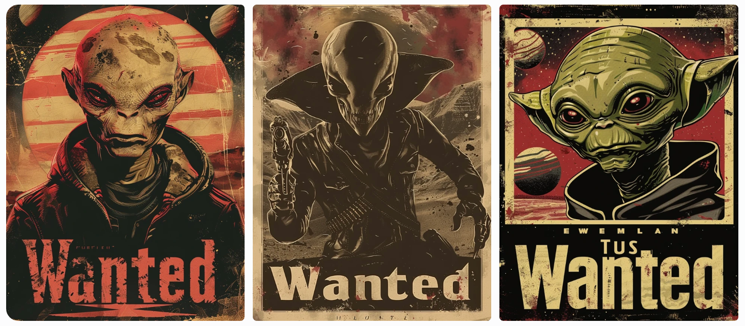 Old-fashioned Western “Wanted” posters featuring notorious alien outlaws, alien planet, AI generated image, created with Midjourney.