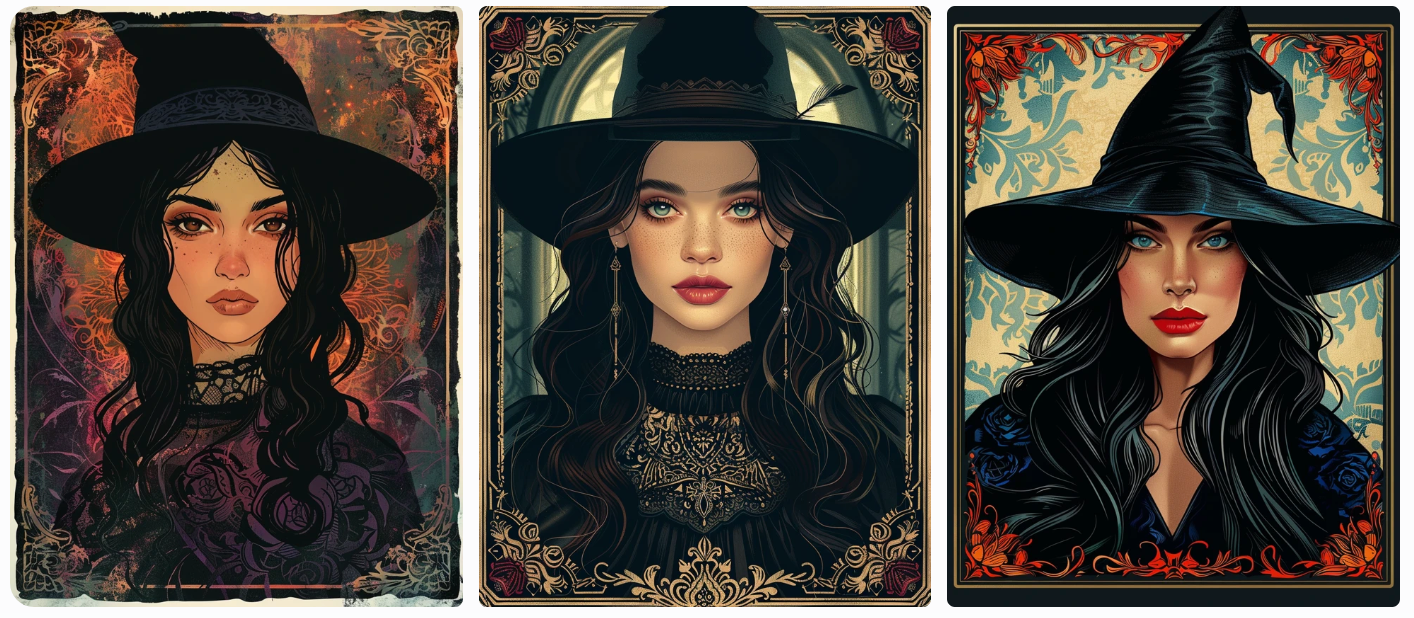 a witch, Southern European ethnicity, black thin border, modern tarot card illustration, commanding expression, cool tones, Gorgeous and vibrant background full of vitality, AI generated image, created with Midjourney.