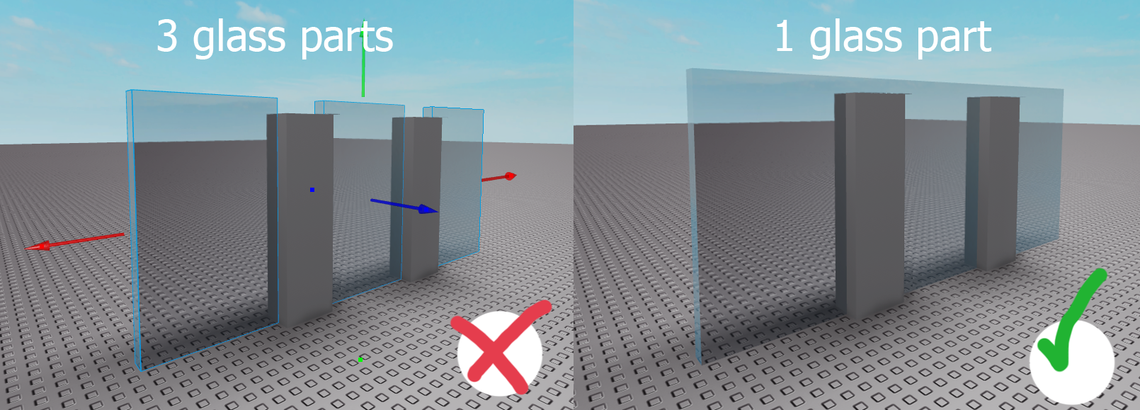 Building Optimisation Mariofly5 Medium - on the left we see 3 glass parts taking up an area when it could just be 1 glass part