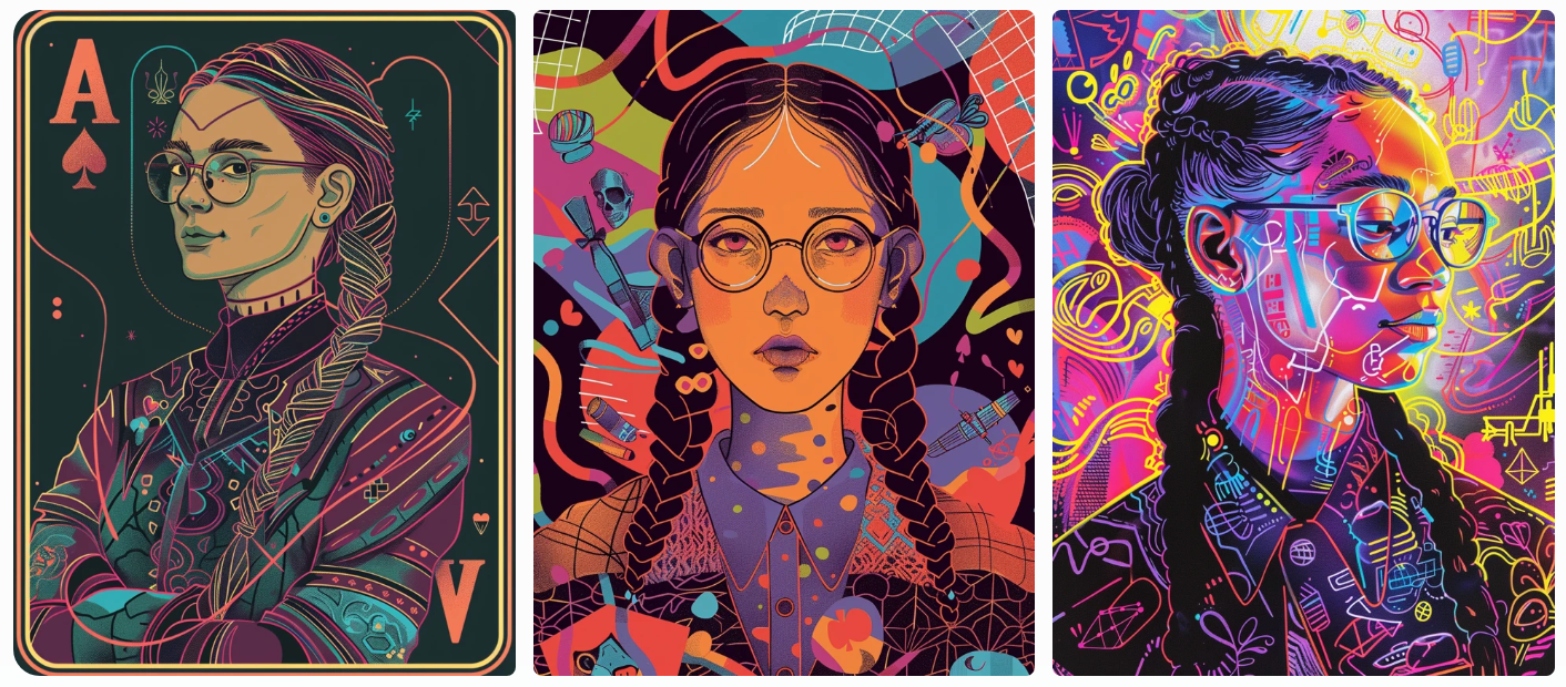 illustrated playing card that showcases a poised young woman with glasses and braided hair as the central figure, adorned in a sleek, modern graduation suit with digital motifs, created with Midjourney AI generated image.