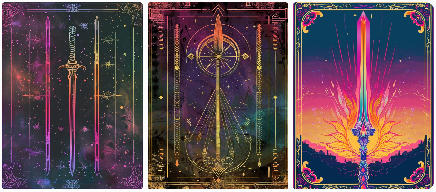 a tarot card representing wands, colorful gradients, neo-pop iconography, chalk art, AI generated image, created with Midjourney.