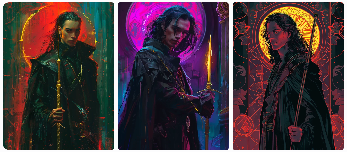 cyberpunk neon tarot card design of a young androgynous man with very long slicked back hair and golden cane in dark robes, AI generated image, created with Midjourney.