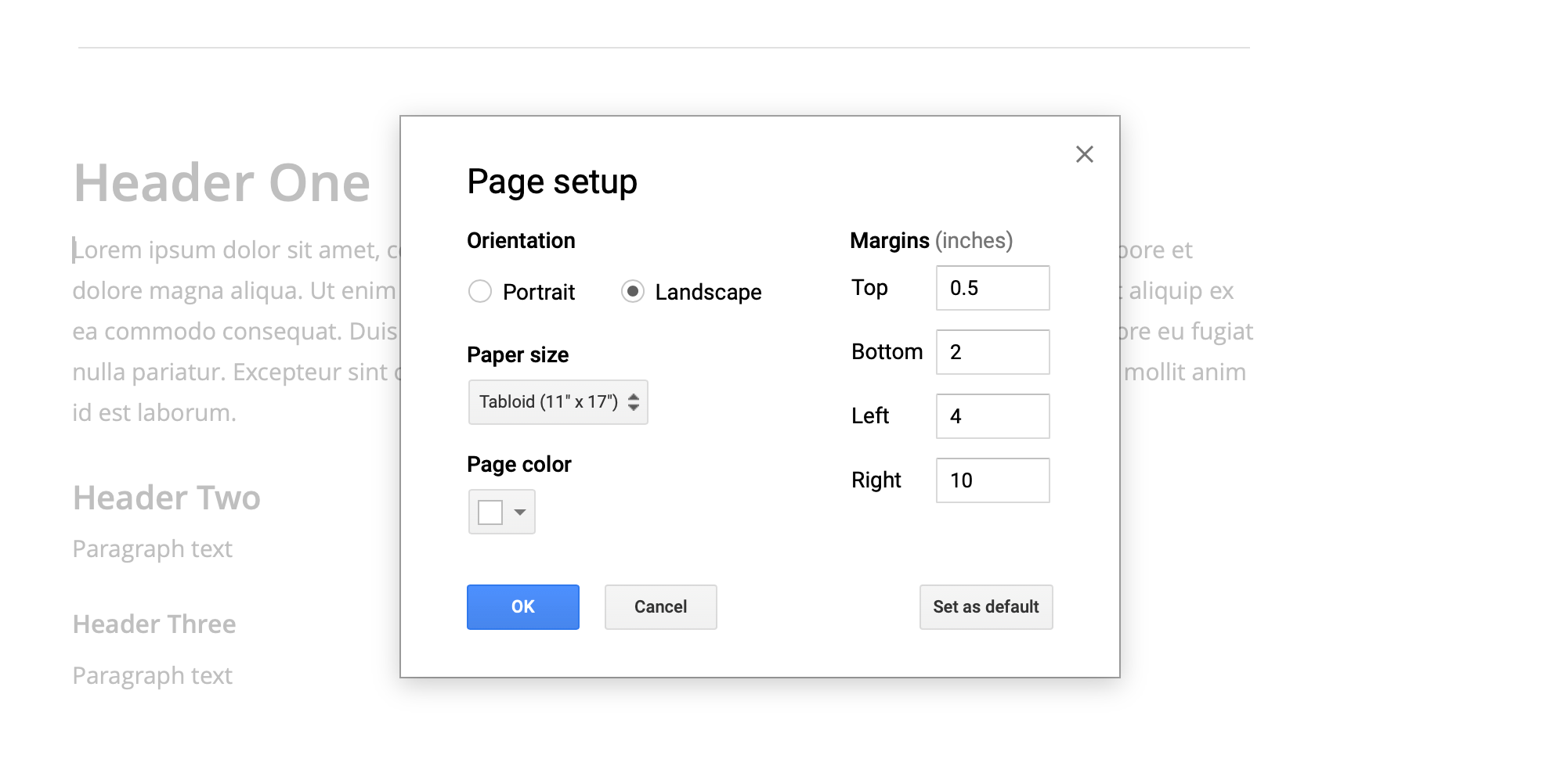 default google docs page setup