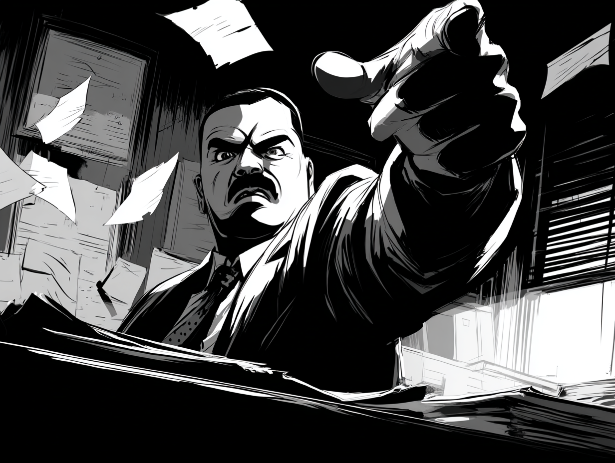 A gritty black-and-white image of an official pointing dismissively over a desk piled high with papers
