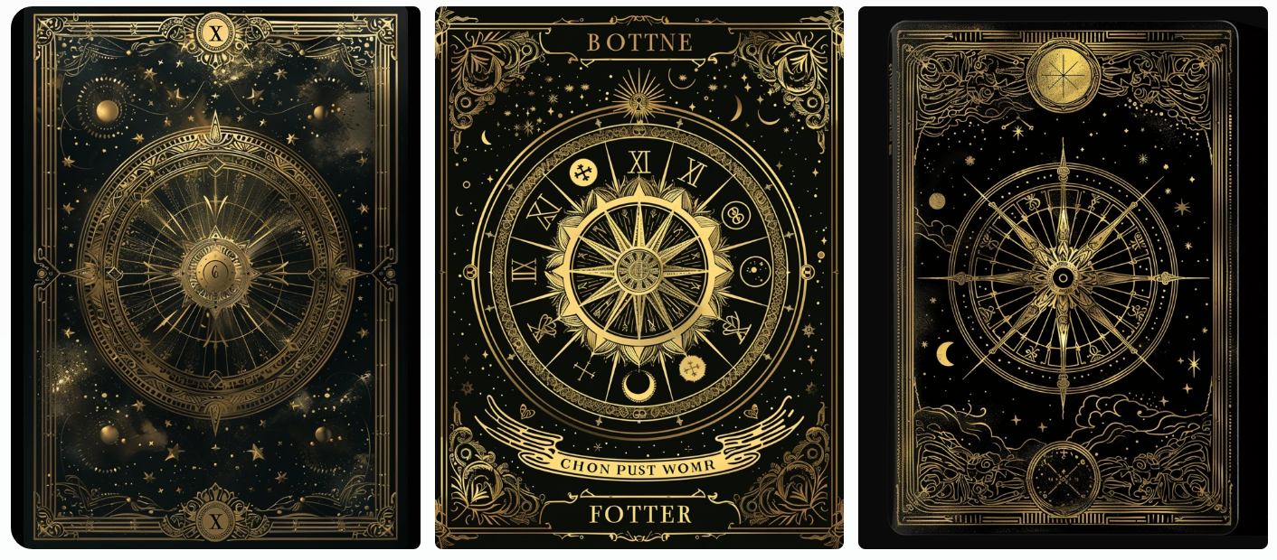 design of wheel of fortune tarot card in dark mysterious style, AI generated image, created with Midjourney.