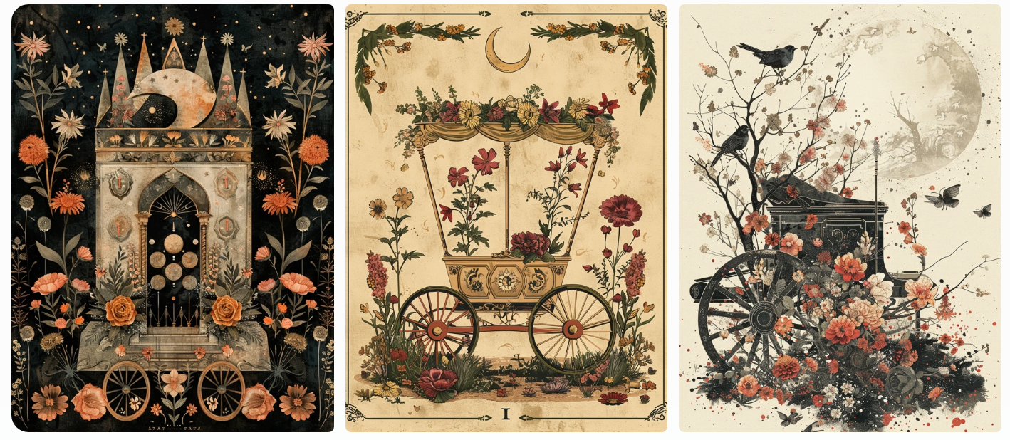 tarot card style with the chariot and some flower decorations arranged everywhere apart from the chariot , subtle monochromatic tones on the chariot, nature inspired shapes, AI generated image, created with Midjourney.