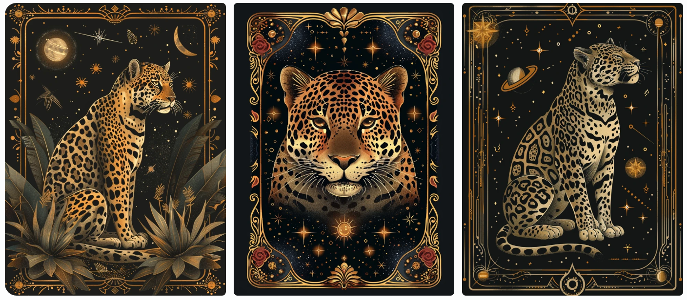 a playing card with a jaguar, art deco on a black background with a celestial theme, created with Midjourney AI generated image.