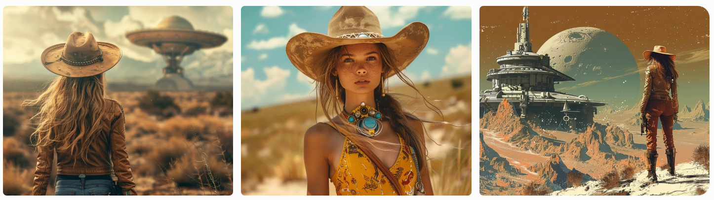 beautiful female wild west style space explorer, retro spaceship, alien planet location, AI generated image, created with Midjourney.