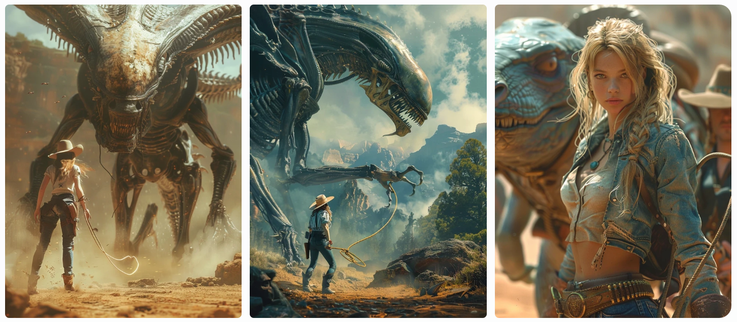 gorgeous cowgirl wrangling an alien creature with a lasso, photo-realistic, AI generated image, created with Midjourney.