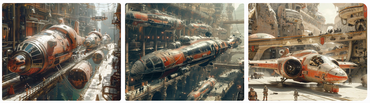 Rustic, steam-powered spaceships, docked in a spaceport, photographic, bright afternoon lighting, AI generated image, created with Midjourney.