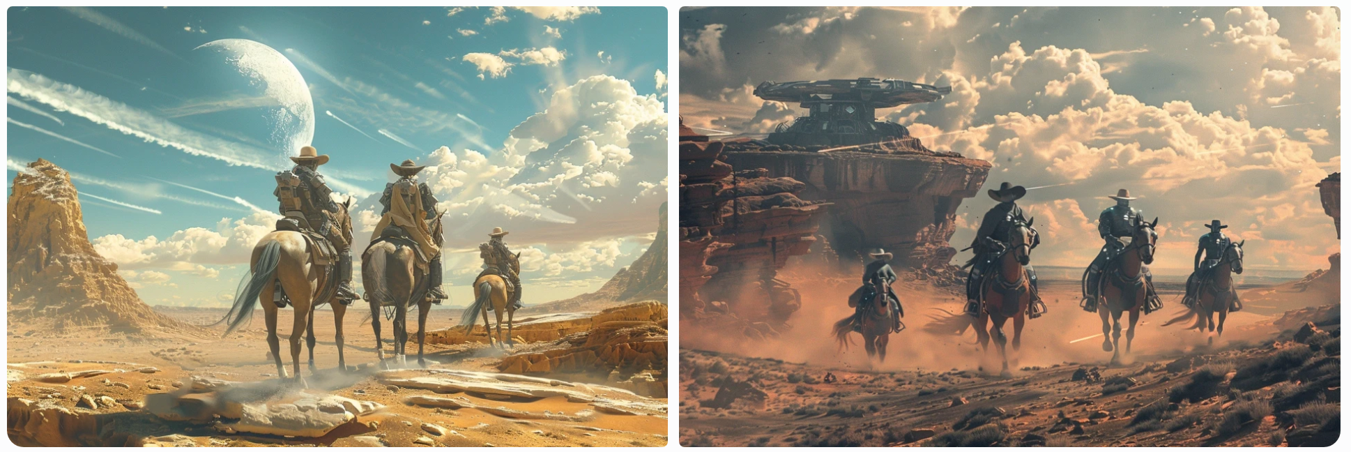 cowboys on cybernetic horses riding across a vast alien landscape, AI generated image, created with Midjourney.