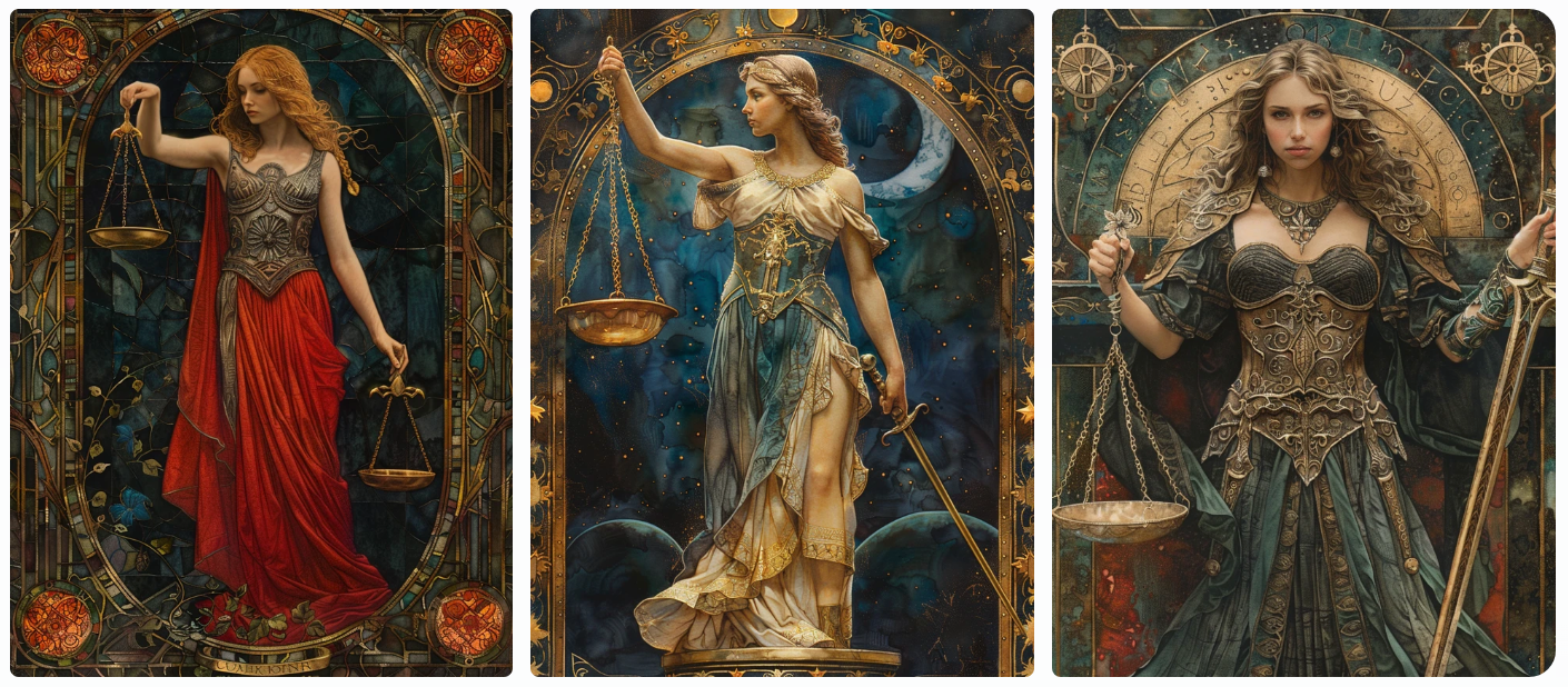 tarot card of Justice, symbolic, filigree, watercolor, beautiful blonde haired woman holding scales of justice, romantic style, AI generated image, created with Midjourney.