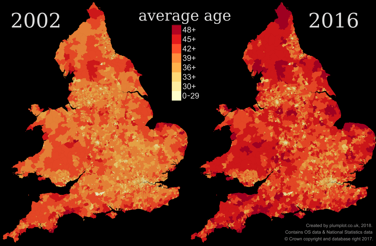 The oldest and youngest areas of England plumplot Medium