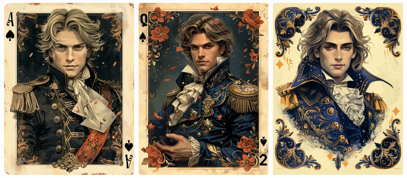 a playing card design, a handsome young king, modern outfit, hand drawn outline, created with Midjourney AI generated image.