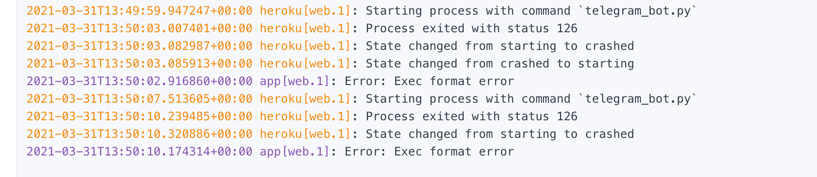 Screenshot of Heroku logs showing ‘Error” Exec format error