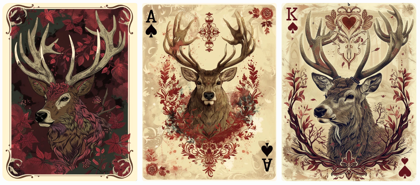 anime style playing card with rich red, brown, and burgundy colors colors featuring an idealized stag, created with Midjourney AI generated image.