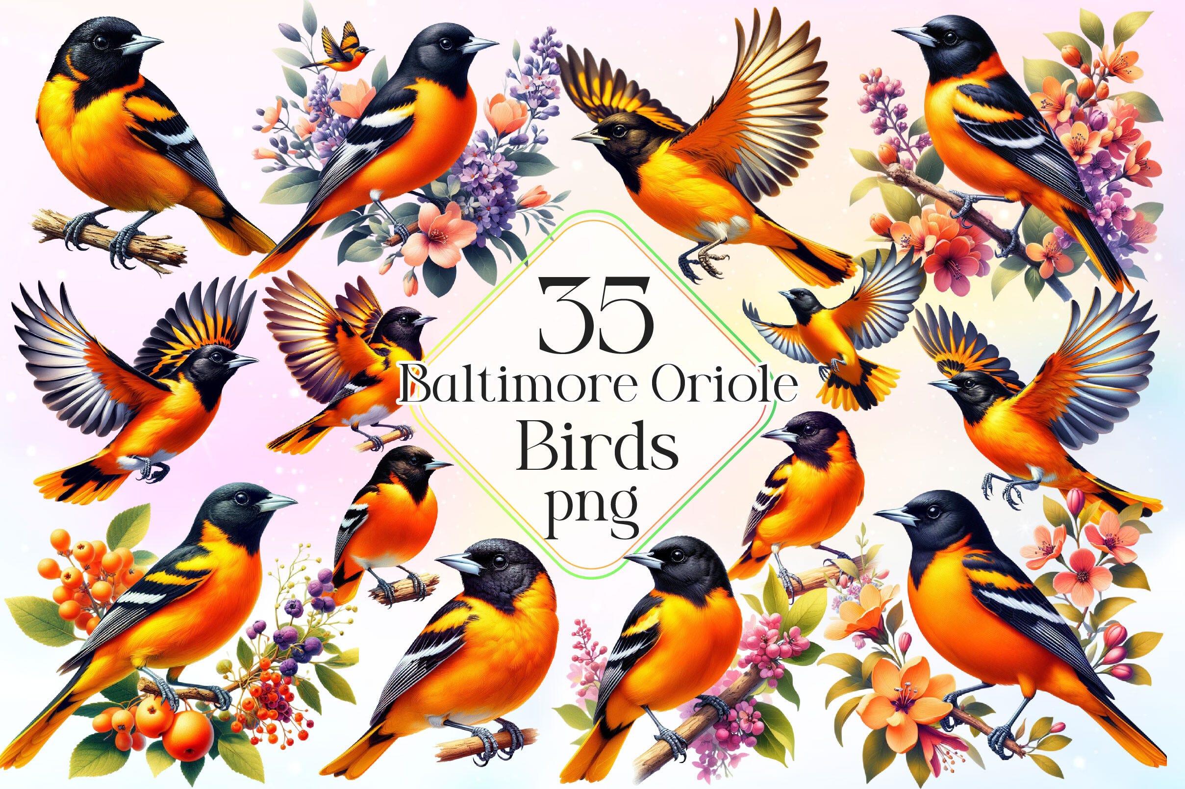 Watercolor Baltimore Oriole Bird Clipart (Printable Illustrations)