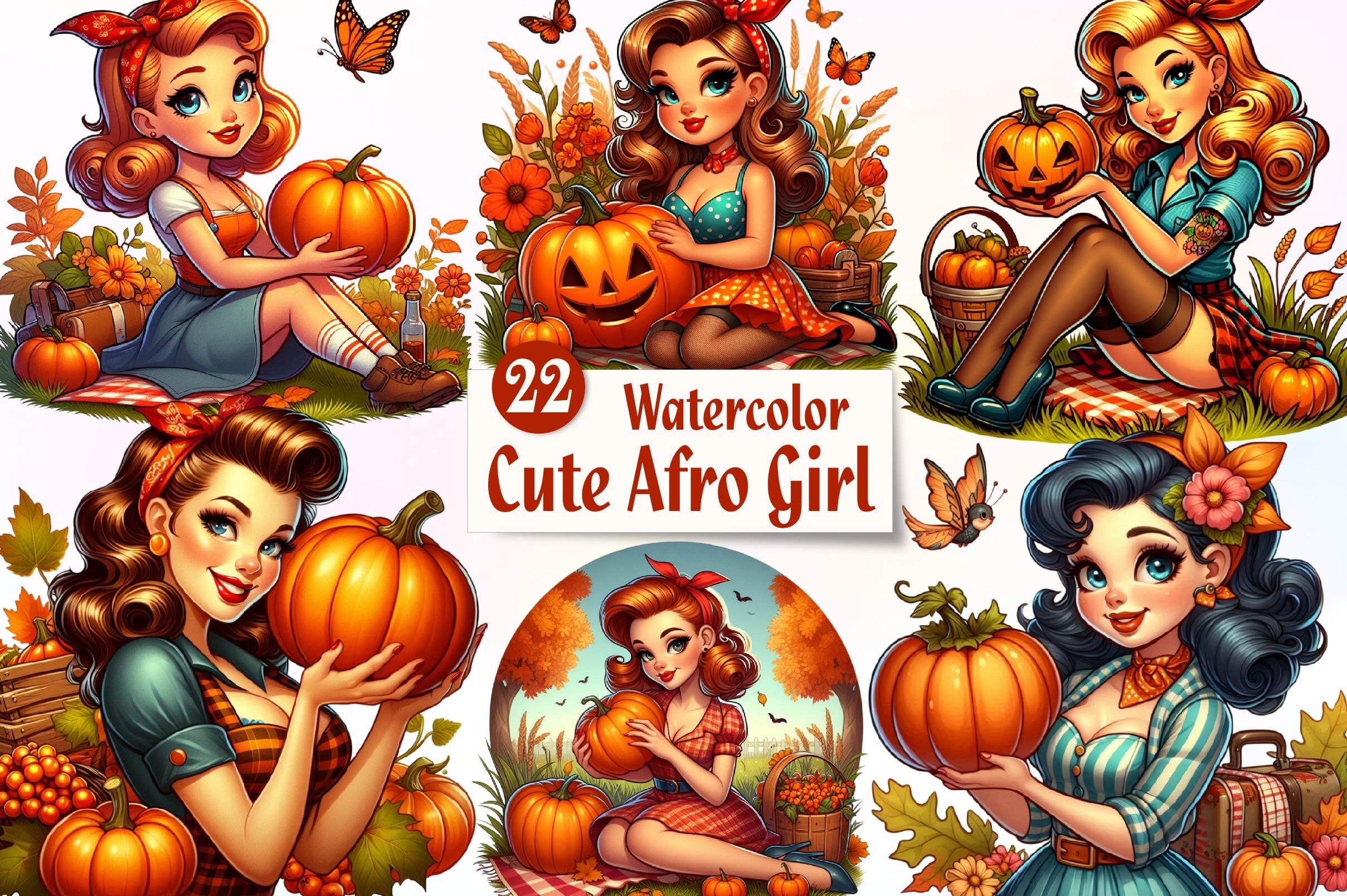 Vintage Pin Up Autumn Girl Clipart (Printable Illustrations)