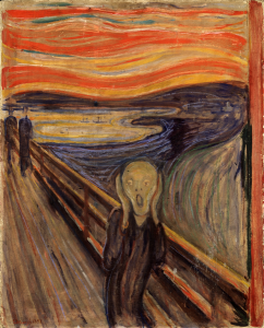 This is a painting by Edvard Munch depicting a character screaming. The accompanying blog post is about anxiety and tortured characters in Dostoevsky's novella, "The Double."