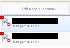 A list of 2 social network profiles connected to Hootsuite. Both profiles are marked with a small red exclamation point to indicate they are disconnected and are displaying a blank image for their profile pictures.