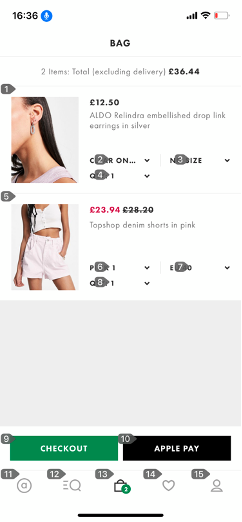 A screenshot of the bag portion of the ASOS iOS app with two products added inside it and Voice Control turned on and showing numbers corresponding to interactive elements on the screen