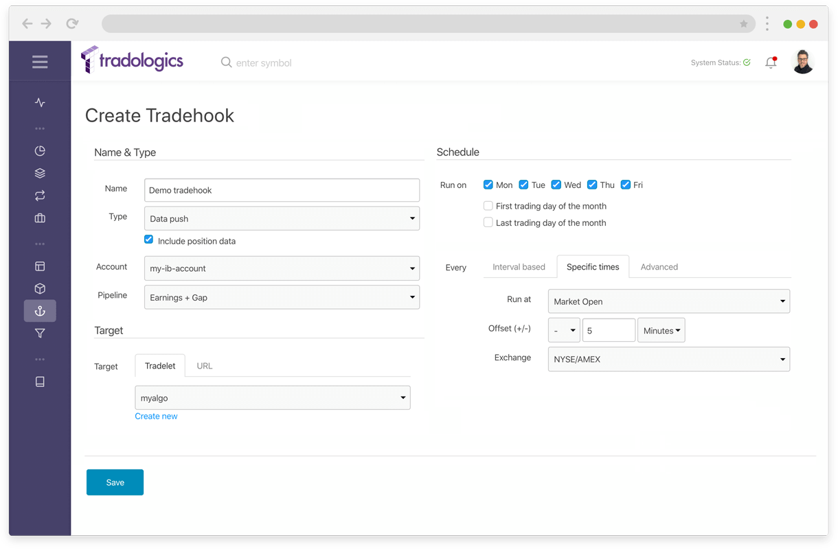 Tradologics — Tradehook Setup Page