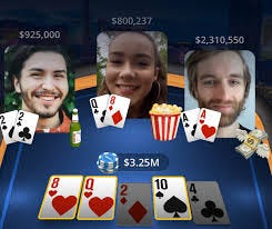 Three people playing an online mobile card game, each person’s profile picture has cards on their left side, and an emoji on their right, with the leftmost person having a beer, the middle having popcorn, and the right having money. The bottom of the screen holds five cards, with three lit up.