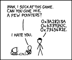 Man 1: I suck at this game, can you give me a few pointers? Man 2: 0x3A282131, 0x6339392C.