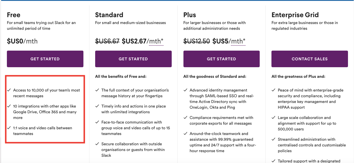 Slack pricing page