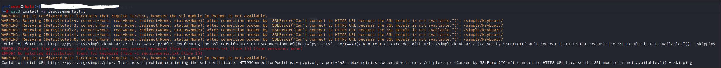 [SOLVED] pip3 SSL Error while installing new package