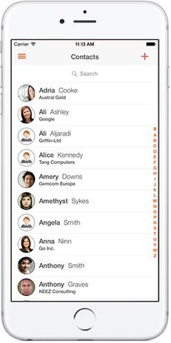 Insightly promotion materials; image depicts a scrolling screen of contacts with names and photos on a white phone.