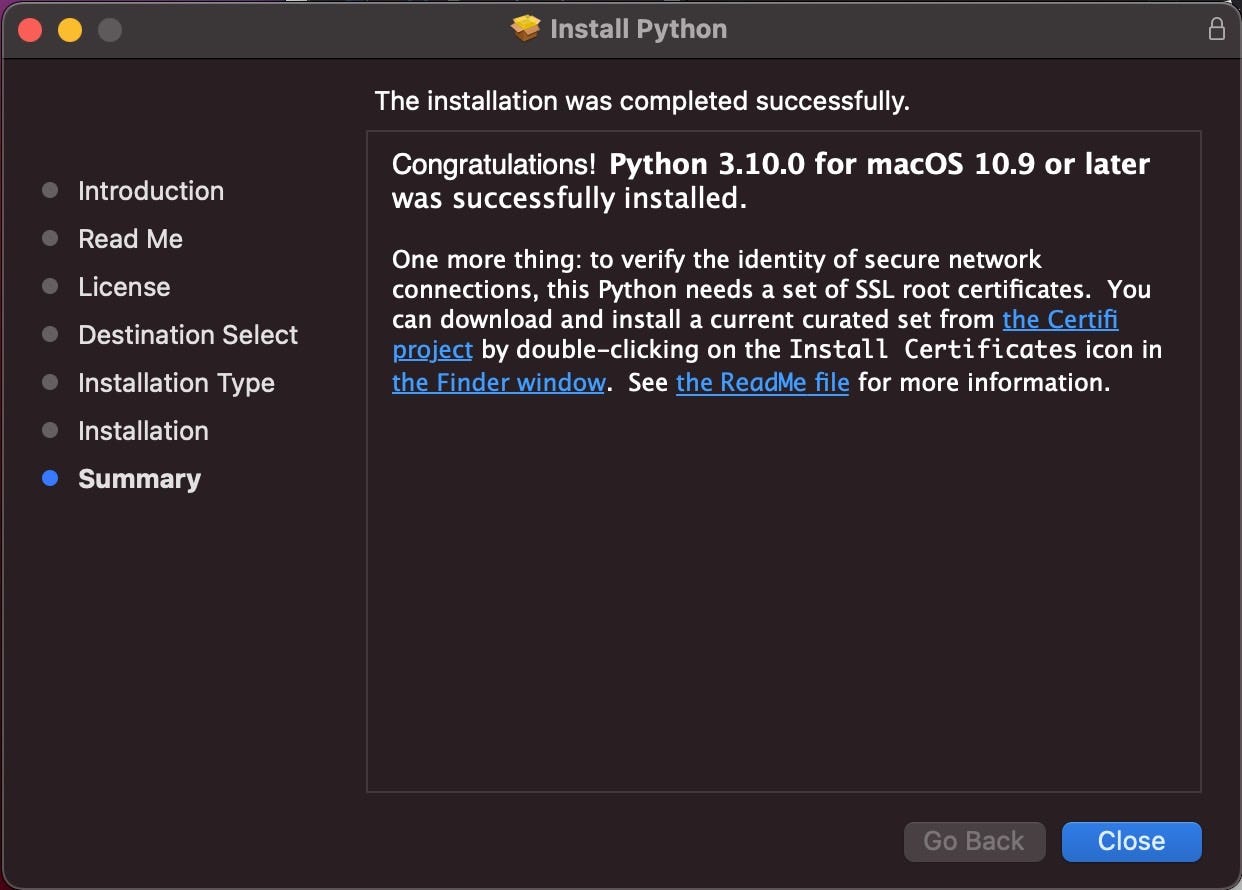 Install Python 3.10.0 (64-bit) using macOS 64-bit universal2 installer (Screenshot by Author)