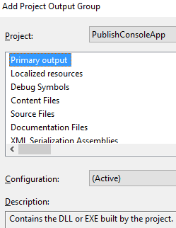 Publish console add project output group