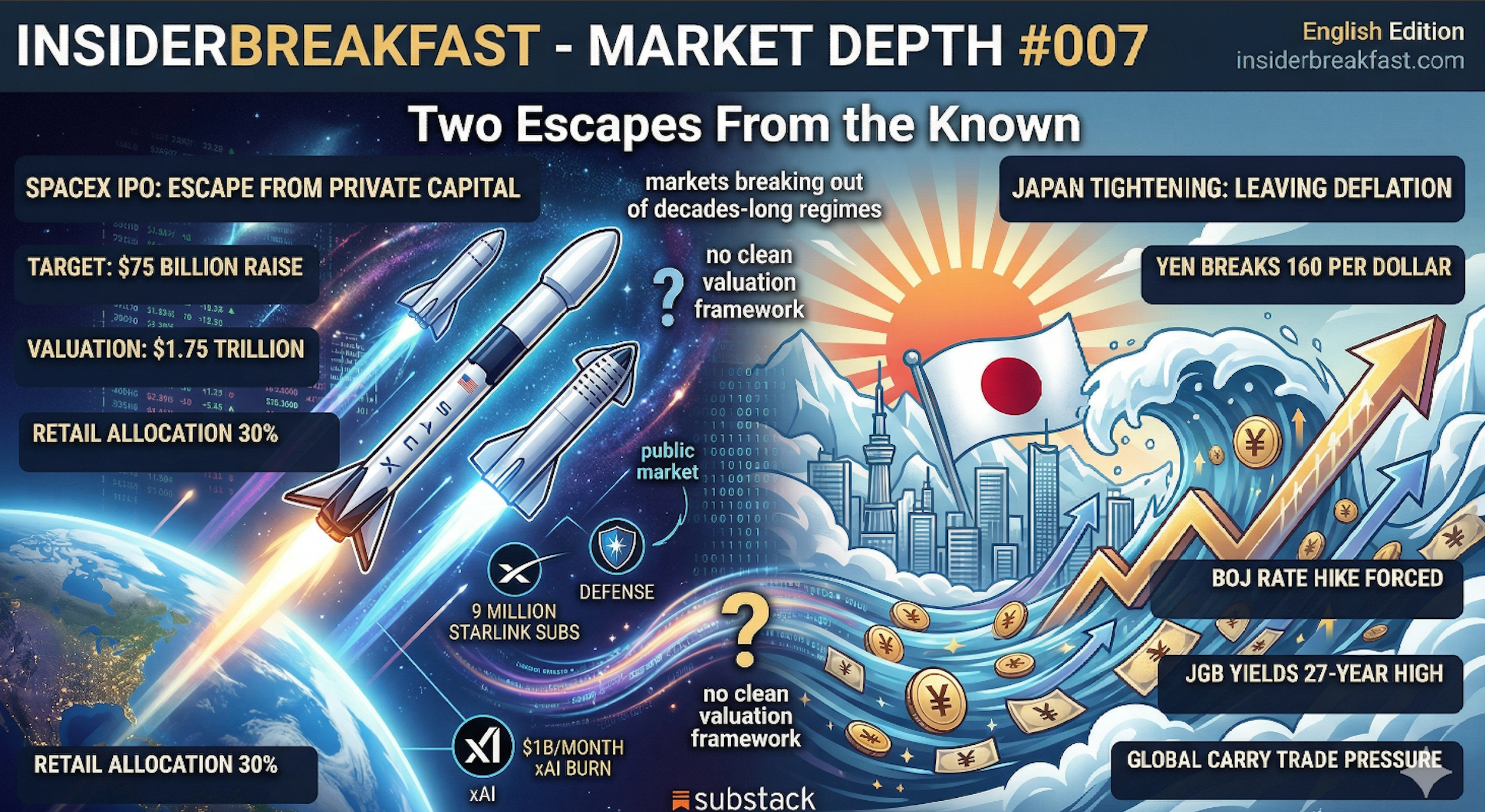 INSIDERBREAKFAST — MARKET DEPTH #007 Two Escapes From the Known: SpaceX Goes Public, Japan Leaves…