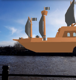 An AR 3D ship floating over a real river
