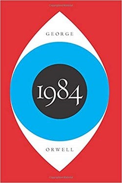 Cover of 1984 by George Orwell, depicting a blue eye on a red background.