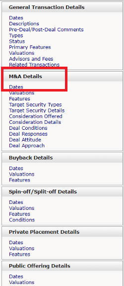 Transactions criteria, M&A dates selected