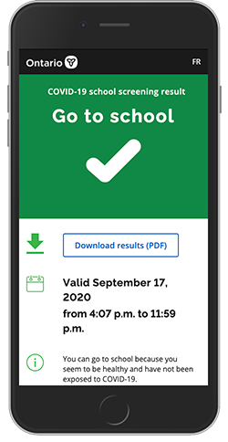 A screengrab of the COVID-19 school screening tool showing the result: “Go to school.”