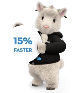 Cloudy in a Trailblazer hoodie holding a bubble that reads 15% faster.