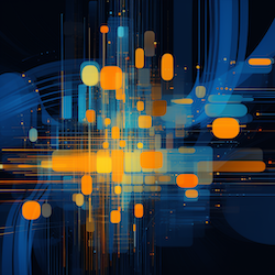 A large number of horizontally and vertically rotated rectangles with rounded corners, and straight and curved lines, in an abstract representation of information. The rectangles and lines are in various hues of blue, orange and yellow. The colours have no inherent meaning.