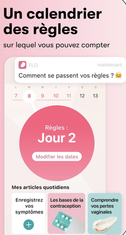Homepage screen in a menstrual tracker app: the main color is pink, and the push notification has a cute emoji in it.